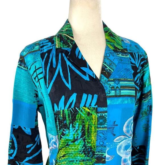 Chico's Oriental Art-to-Wear Patchwork Silk Linen Blazer Jacket Turquoise SZ 4 - Picture 12 of 15
